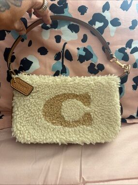 Coach Cream Shearling Shoulder Pouch with Brown Leather Strap